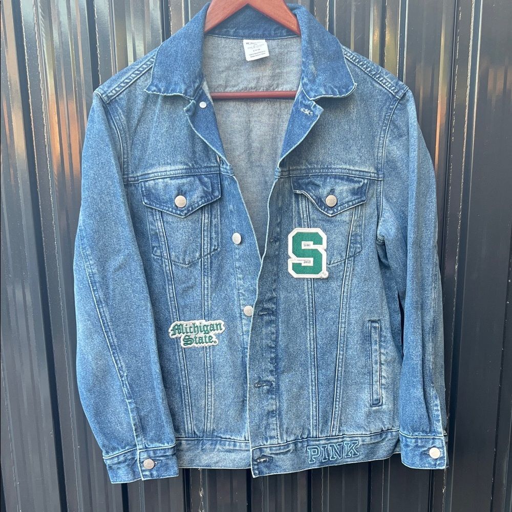 PINK Victoria's Secret Blue Denim Jacket Green Patches Michigan State Spartans